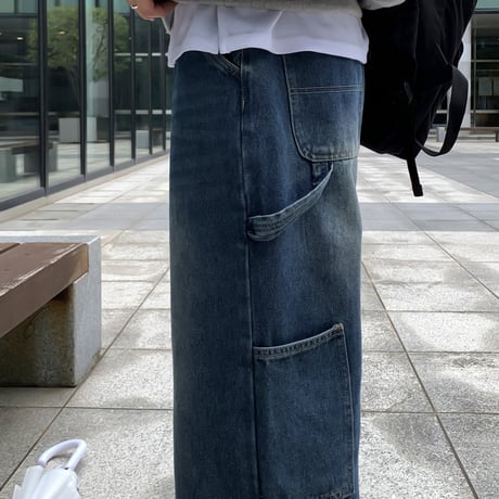 carpenter washing wide denim pants /4color　VG1108