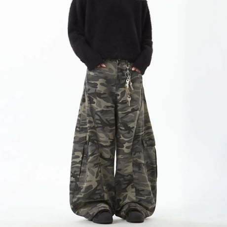 camo wide curved cargo pants /2color　VG1096