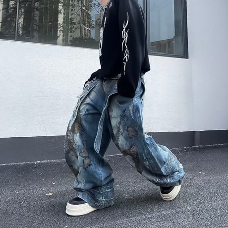 grunge patchwork zip wide denim　VM1065