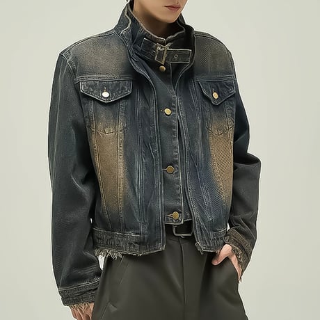 damaged loose zip-up denim jacket　VM1045