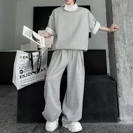layered look short sleeve sweatshirt setup /2color　VM1159