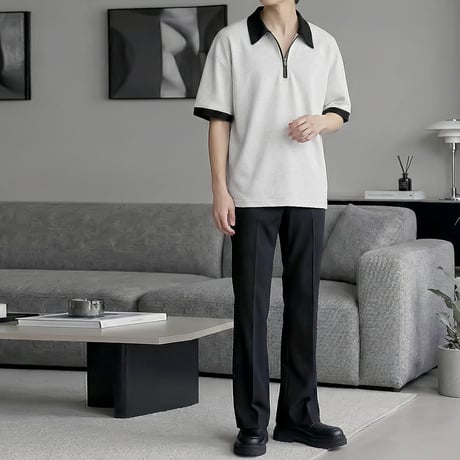 oversized half zip color block polo /2color　VM1113