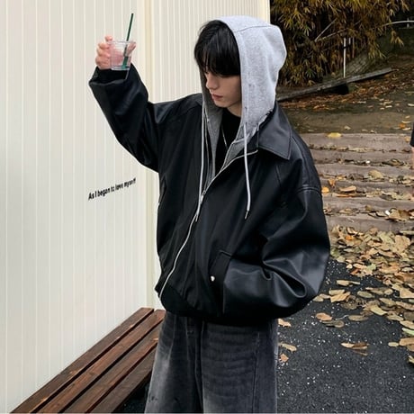 layered hoodie leather jacket　VG1148