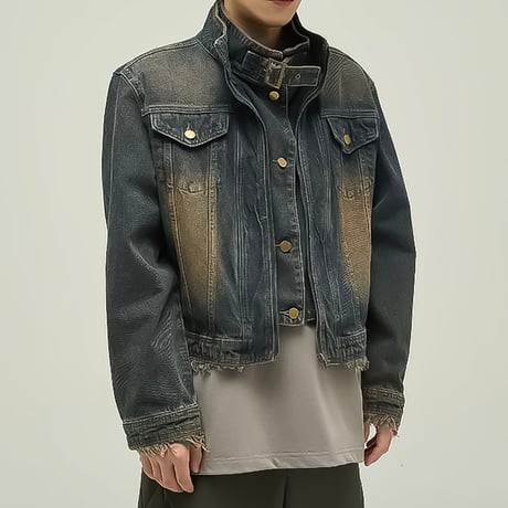 damaged loose zip-up denim jacket　VM1045