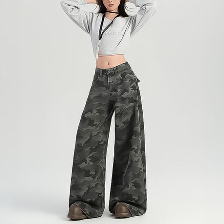 camo baggy wide denim pants /2color　VM1047