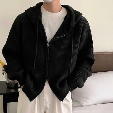 ribbed zip up knit hoodie /2color　VG1320
