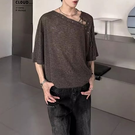 asymmetric lace-up knit t-shirt /2color　VM1161