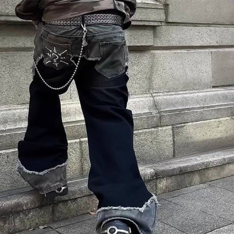 street mode camo layered wide denim　VM1090