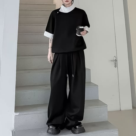 layered look short sleeve sweatshirt setup /2color　VM1159