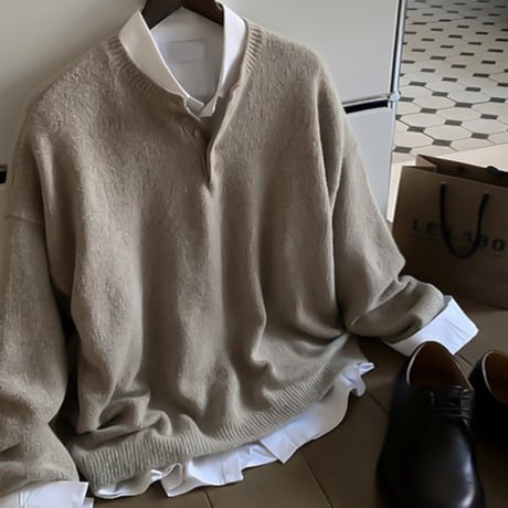 brushed henley neck knit sweater　VG1192