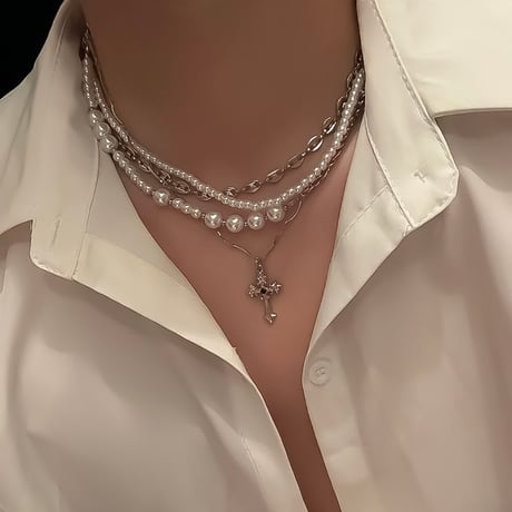 layered pearl cross necklace　VM1003