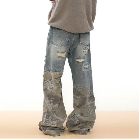 wide camo patched grunge denim　VM1016