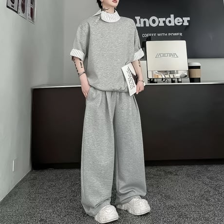 layered look short sleeve sweatshirt setup /2color　VM1159