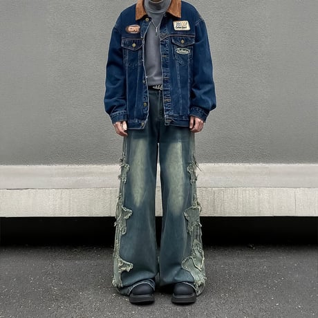side star applique wide denim /2color　VM1055