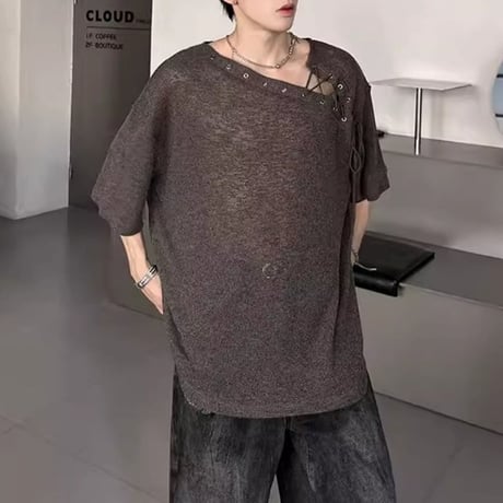 asymmetric lace-up knit t-shirt /2color　VM1161
