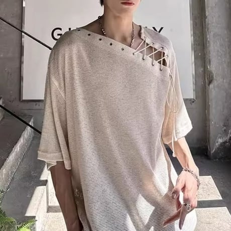 asymmetric lace-up knit t-shirt /2color　VM1161