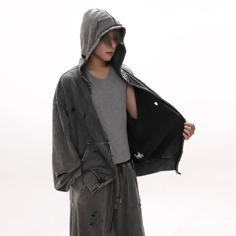 chemical damaged zip hoodie　VM1013