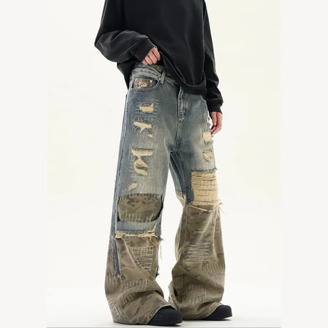 wide camo patched grunge denim　VM1016