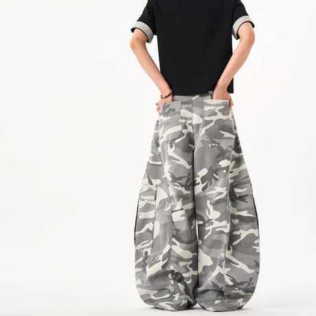 camo wide curved cargo pants /2color　VG1096