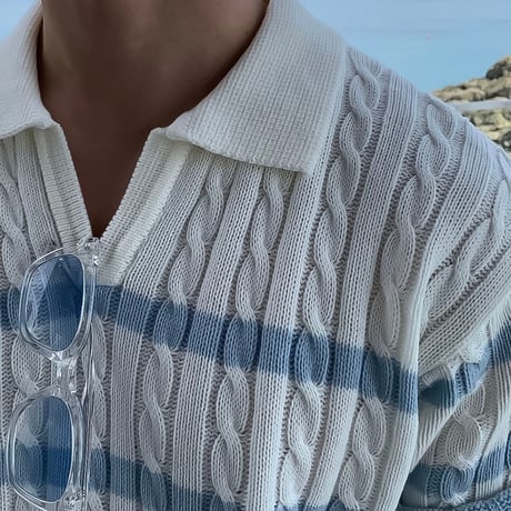 cable knit striped skip polo /2color　VG1329