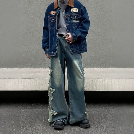 side star applique wide denim /2color　VM1055