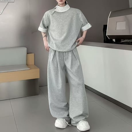 layered look short sleeve sweatshirt setup /2color　VM1159