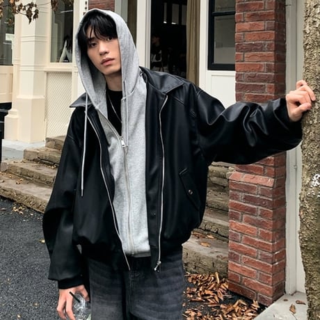 layered hoodie leather jacket　VG1148