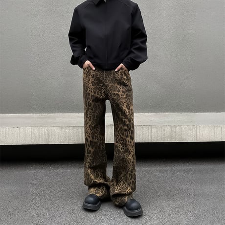 leopard pattern wide denim pants　VM1054