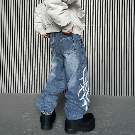 tribal print baggy denim pants　VM1062
