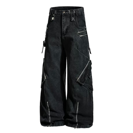 multi-zip belted wide denim　VM1049
