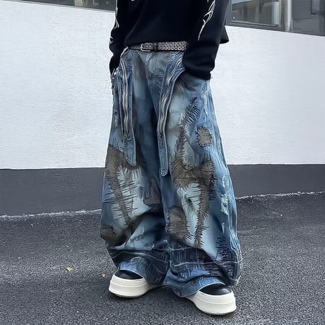 grunge patchwork zip wide denim　VM1065