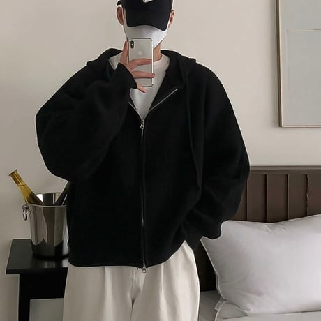 ribbed zip up knit hoodie /2color　VG1320
