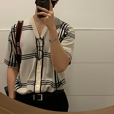monochrome windowpane knit cardigan /2color　VG1310