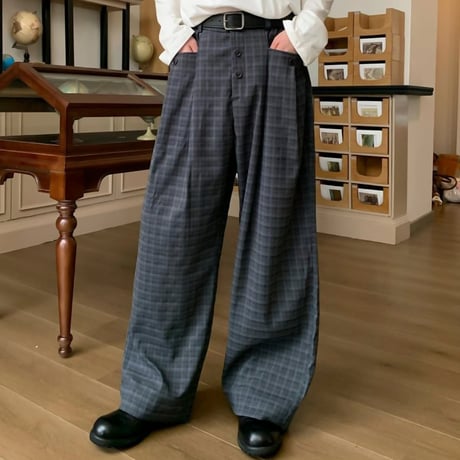button detail wide check pants　VG1153