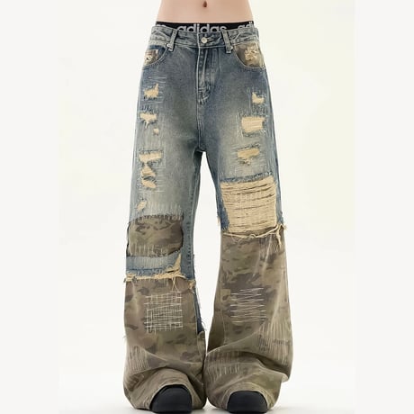 wide camo patched grunge denim　VM1016