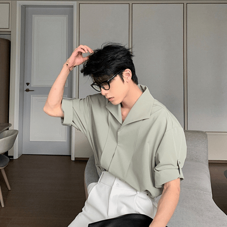 minimal open collar tuck shirt /3color　VM1109