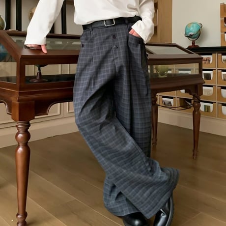 button detail wide check pants　VG1153