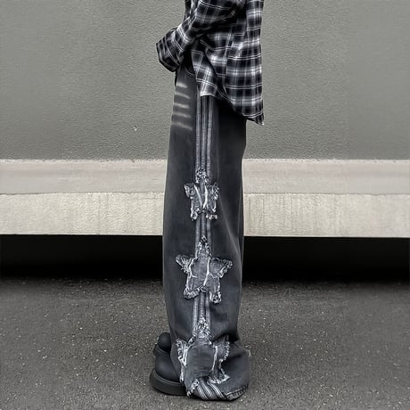 side star applique wide denim /2color　VM1055