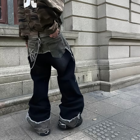 street mode camo layered wide denim　VM1090