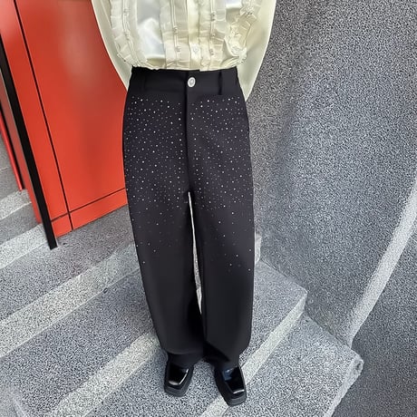 rhinestone embellish wide slacks /2color　VM1155