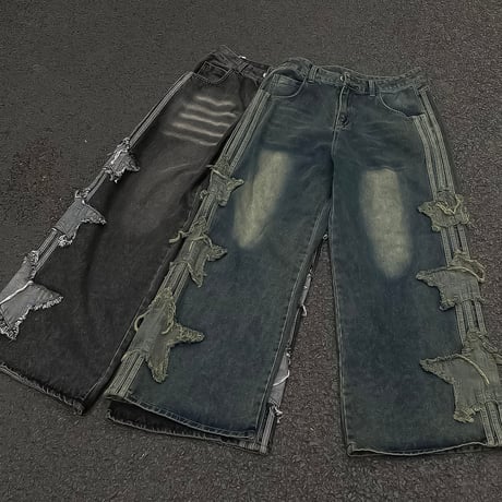 side star applique wide denim /2color　VM1055