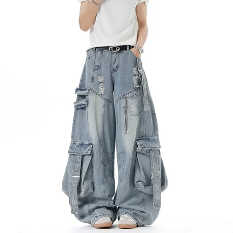 wide punk cargo denim pants /2color　VG1334