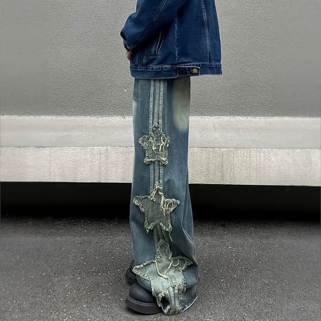side star applique wide denim /2color　VM1055