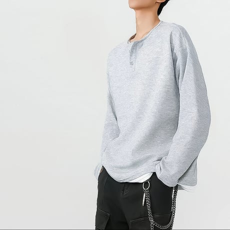relaxed waffle henley neck top /2color　VM1043