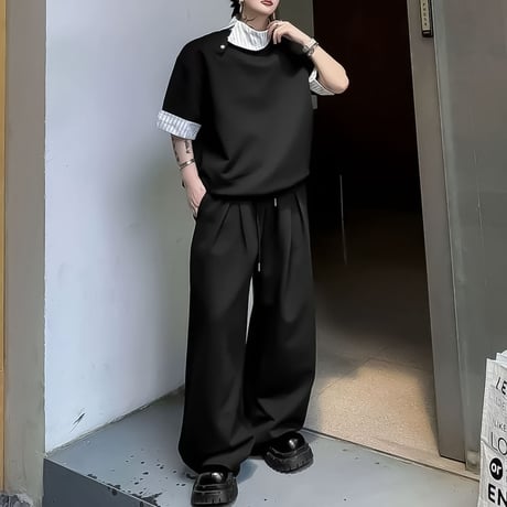 layered look short sleeve sweatshirt setup /2color　VM1159