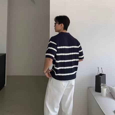 cable knit striped skip polo /2color　VG1329