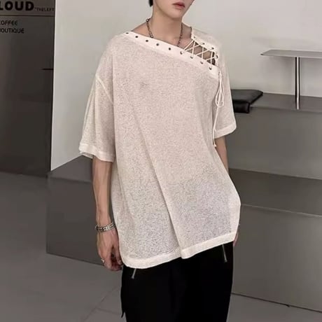 asymmetric lace-up knit t-shirt /2color　VM1161