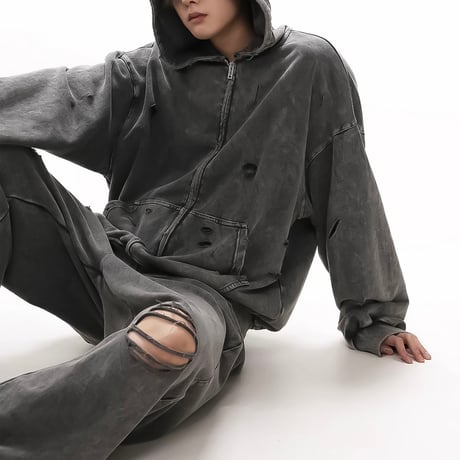 chemical damaged zip hoodie　VM1013
