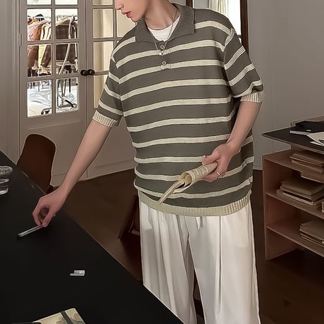 relaxed striped knit polo /3color　VM1171