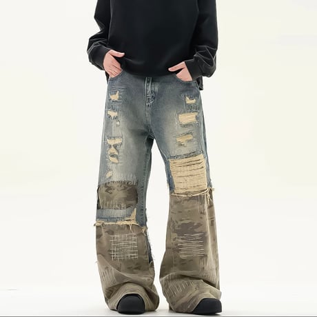 wide camo patched grunge denim　VM1016
